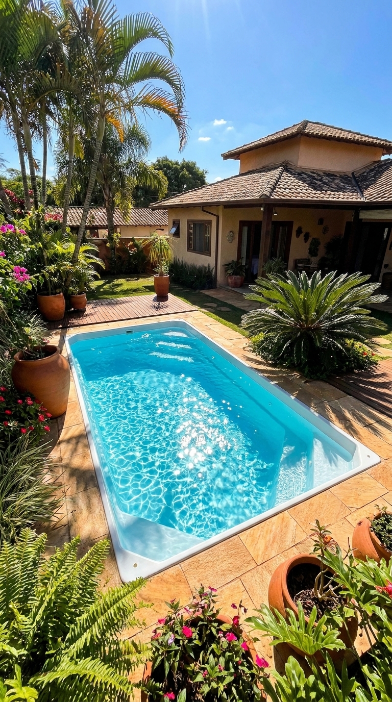 Piscina de fibra com jardim