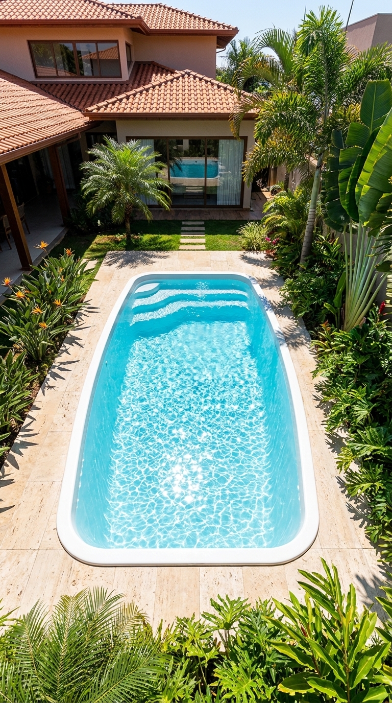 Piscina de fibra retangular vista aérea